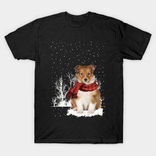 Christmas Shetland Sheepdog With Scarf In Winter Forest T-Shirt